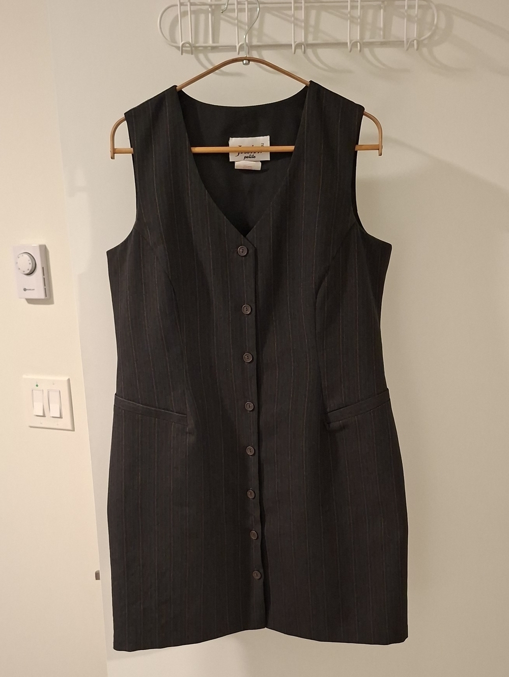 Vintage 90's Button-through Sleeveless Pinstripe Mini Dress Office Cute (US 12P)